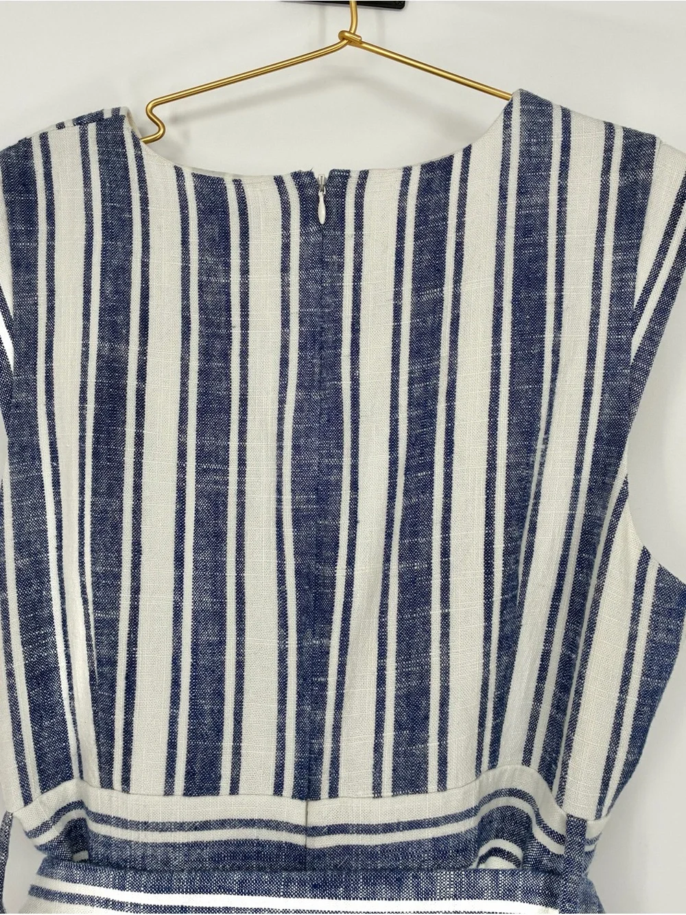 J.Crew Women’s Blue/White Striped Linen Blend Sleeveless Belted Dress - 16Tall